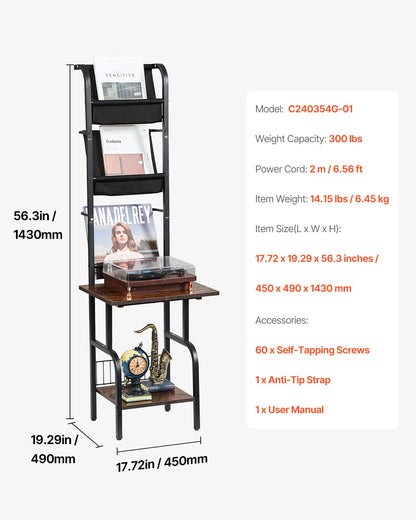VEVOR Record Player Stand, 5 Tiers Tall Vinyl Record with Charging Station & USB Ports, Turntable Stand with Record Holder Display Shelf for Living Room, Bedroom, Black - DCJZJTM5CJGK5E43WV1 - view 8