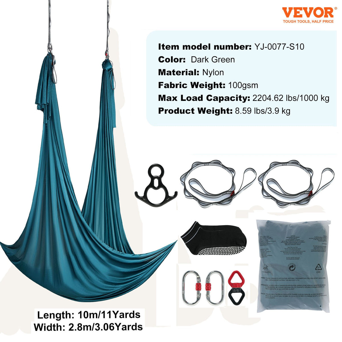 VEVOR Aerial Silk & Yoga Swing, 11 Yards, Aerial Yoga Hammock Kit with 100gsm Nylon Fabric, Full Rigging Hardware & Easy Set-up Guide, Antigravity Flying for All Levels Fitness Bodybuilding, Green - DCK10X28MMLCZSF51V0 - view 8