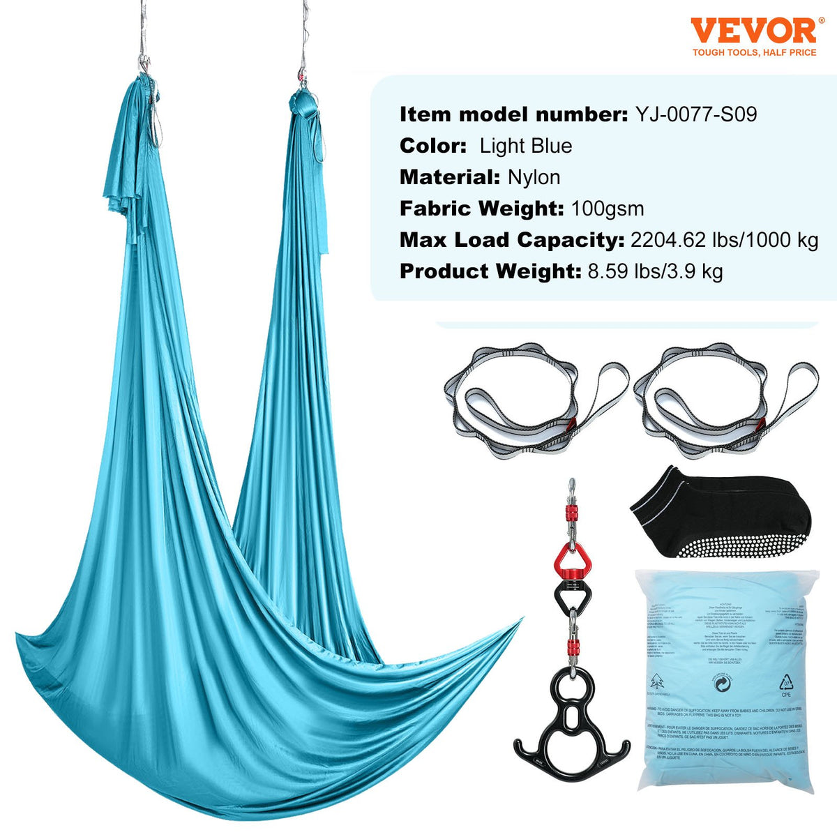 VEVOR Aerial Silk & Yoga Swing, 11 Yards, Aerial Yoga Hammock Kit with 100gsm Nylon Fabric, Full Rigging Hardware & Easy Set-up Guide, Antigravity Flying for All Levels Fitness Bodybuilding, Blue - DCK10X28MQLSMTBOTV0 - view 8
