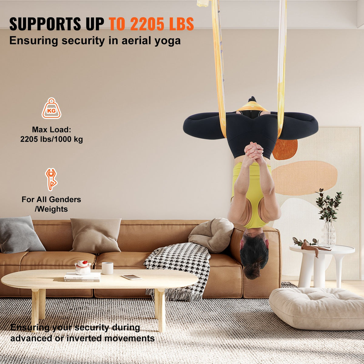 VEVOR Aerial Yoga Hammock & Swing, 5.5 Yards, Aerial Yoga Starter Kit with 100gsm Nylon Fabric, Full Rigging Hardware & Easy Set-up Guide, Antigravity Flying for All Levels Fitness Bodybuilding, Gold - DCK5X28MJBJCTCNK6V0 - view 4
