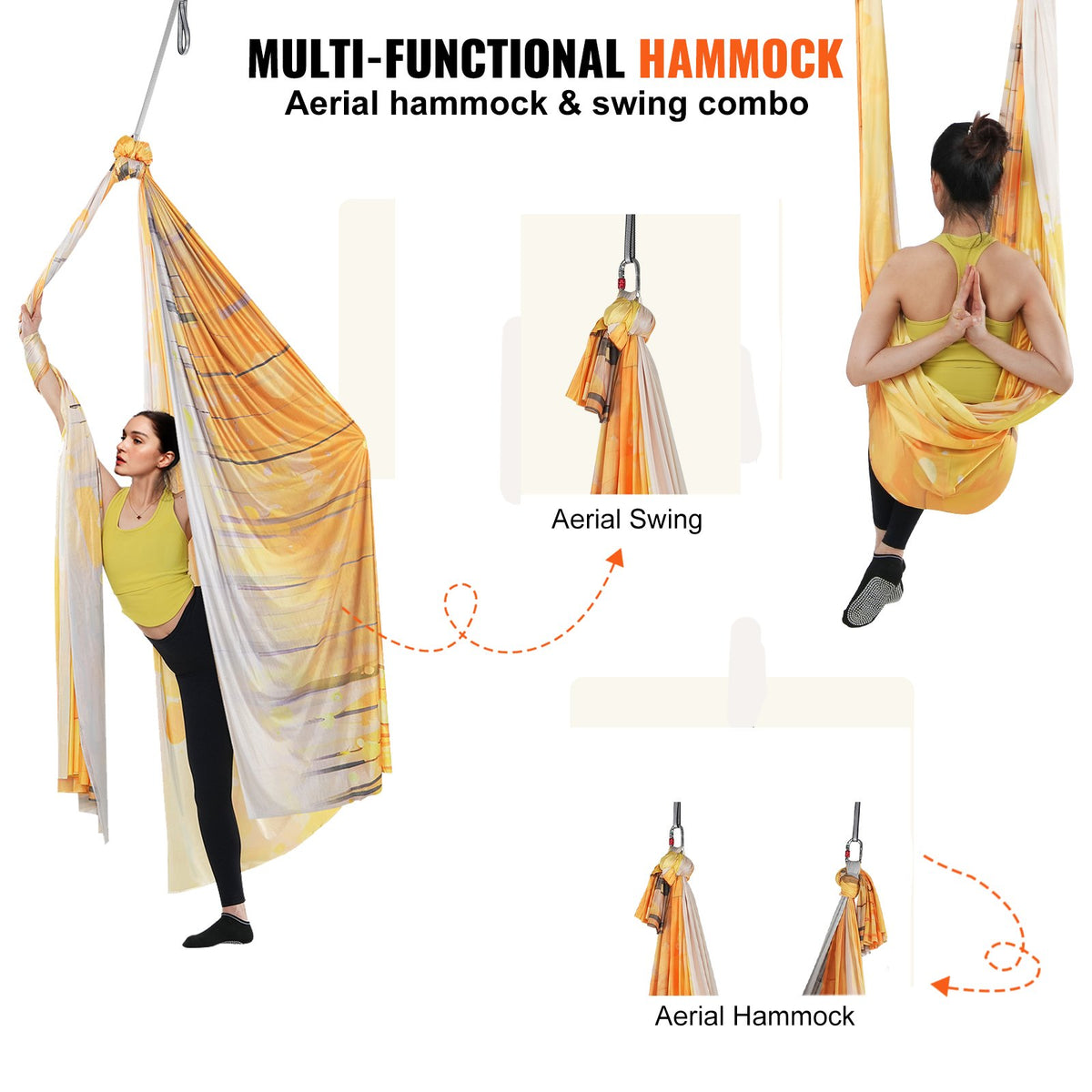 VEVOR Aerial Yoga Hammock & Swing, 5.5 Yards, Aerial Yoga Starter Kit with 100gsm Nylon Fabric, Full Rigging Hardware & Easy Set-up Guide, Antigravity Flying for All Levels Fitness Bodybuilding, Gold - DCK5X28MJBJCTCNK6V0 - view 6