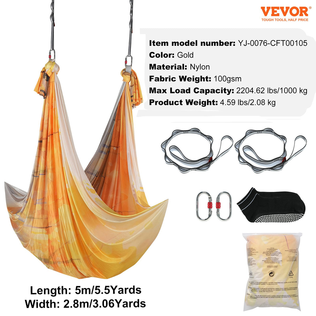 VEVOR Aerial Yoga Hammock & Swing, 5.5 Yards, Aerial Yoga Starter Kit with 100gsm Nylon Fabric, Full Rigging Hardware & Easy Set-up Guide, Antigravity Flying for All Levels Fitness Bodybuilding, Gold - DCK5X28MJBJCTCNK6V0 - view 8