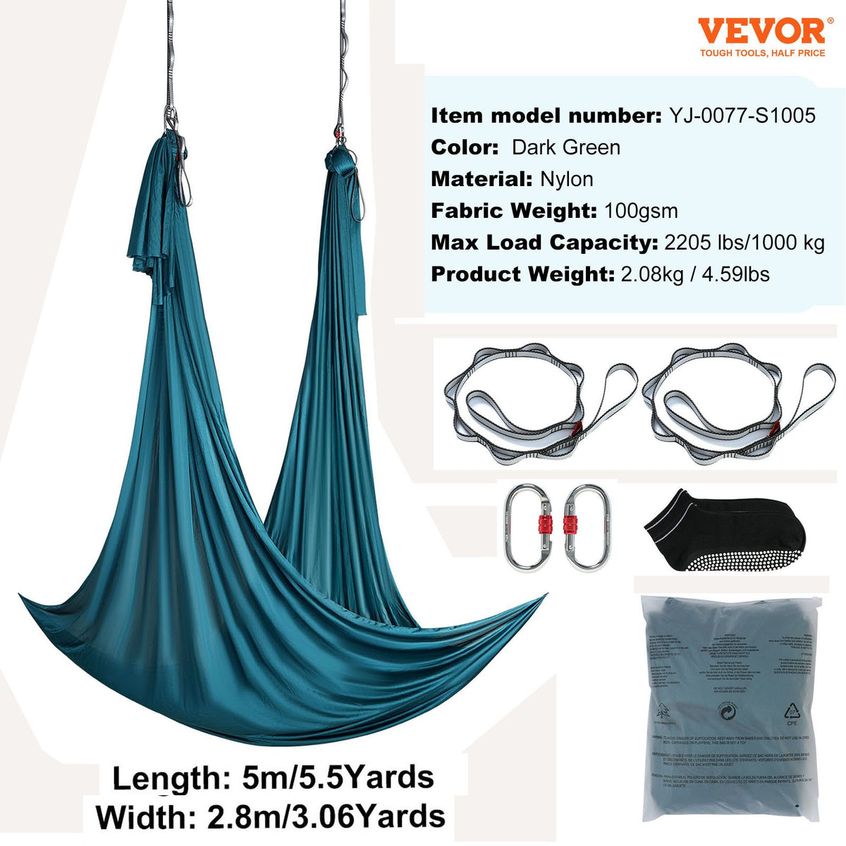 VEVOR Aerial Yoga Hammock & Swing, 5.5 Yards, Aerial Yoga Starter Kit with 100gsm Nylon Fabric, Full Rigging Hardware & Easy Set-up Guide, Antigravity Flying for All Levels Fitness Bodybuilding, Green - DCK5X28MMLCBLHMSZV0 - view 8