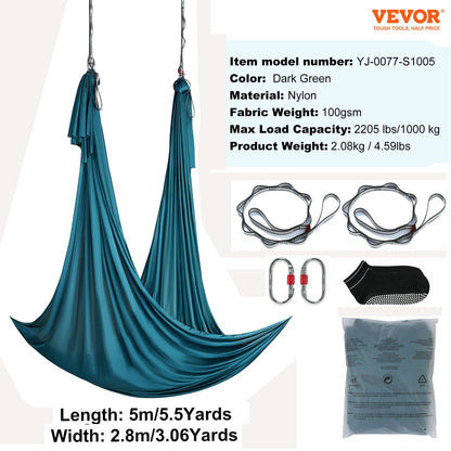 VEVOR Aerial Yoga Hammock & Swing, 5.5 Yards, Aerial Yoga Starter Kit with 100gsm Nylon Fabric, Full Rigging Hardware & Easy Set-up Guide, Antigravity Flying for All Levels Fitness Bodybuilding, Green - DCK5X28MMLCBLHMSZV0 - view 8