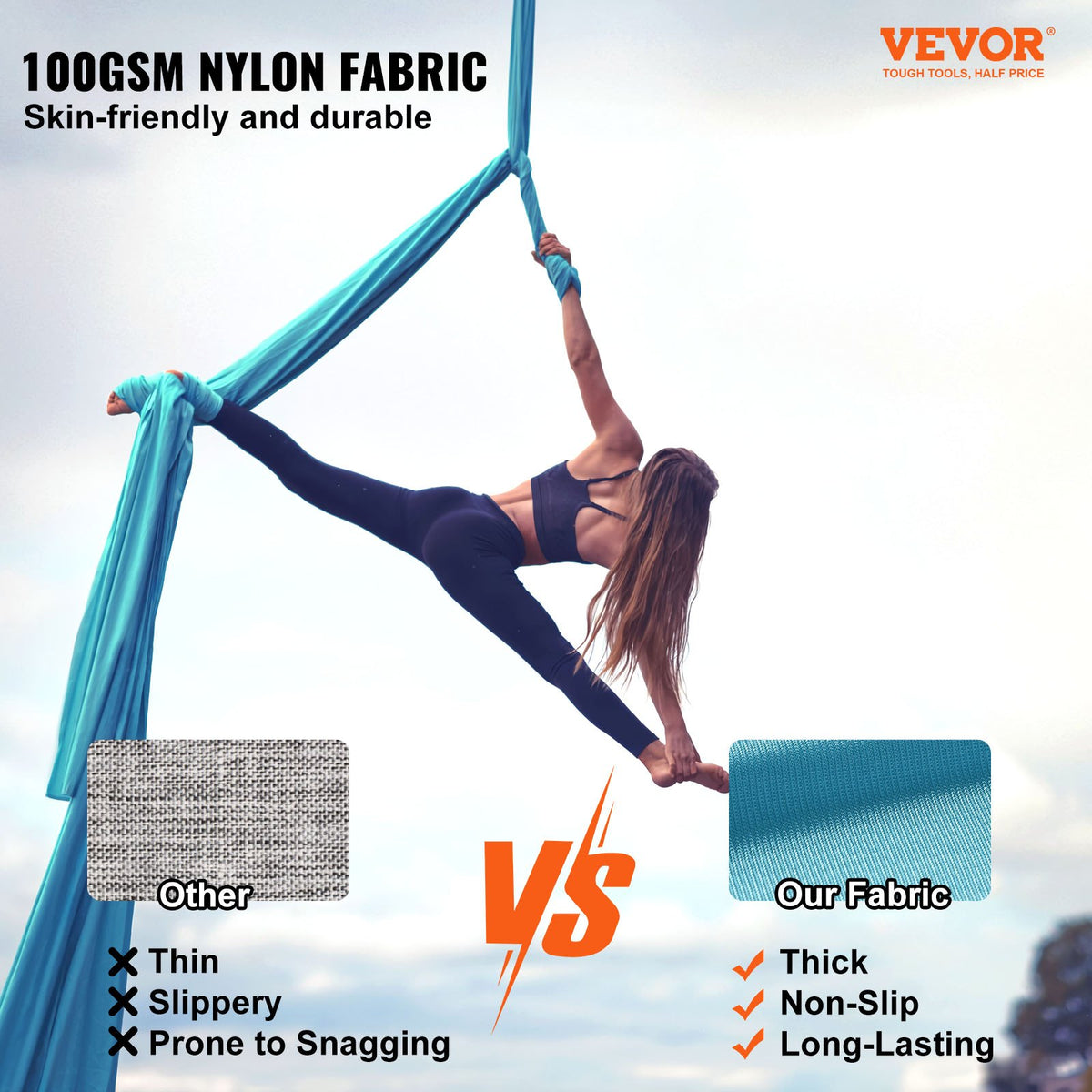 VEVOR Aerial Yoga Hammock & Swing, 5.5 Yards, Aerial Yoga Starter Kit with 100gsm Nylon Fabric, Full Rigging Hardware & Easy Set-up Guide, Antigravity Flying for All Levels Fitness Bodybuilding, Blue - DCK5X28MQZSC268B2V0 - view 3