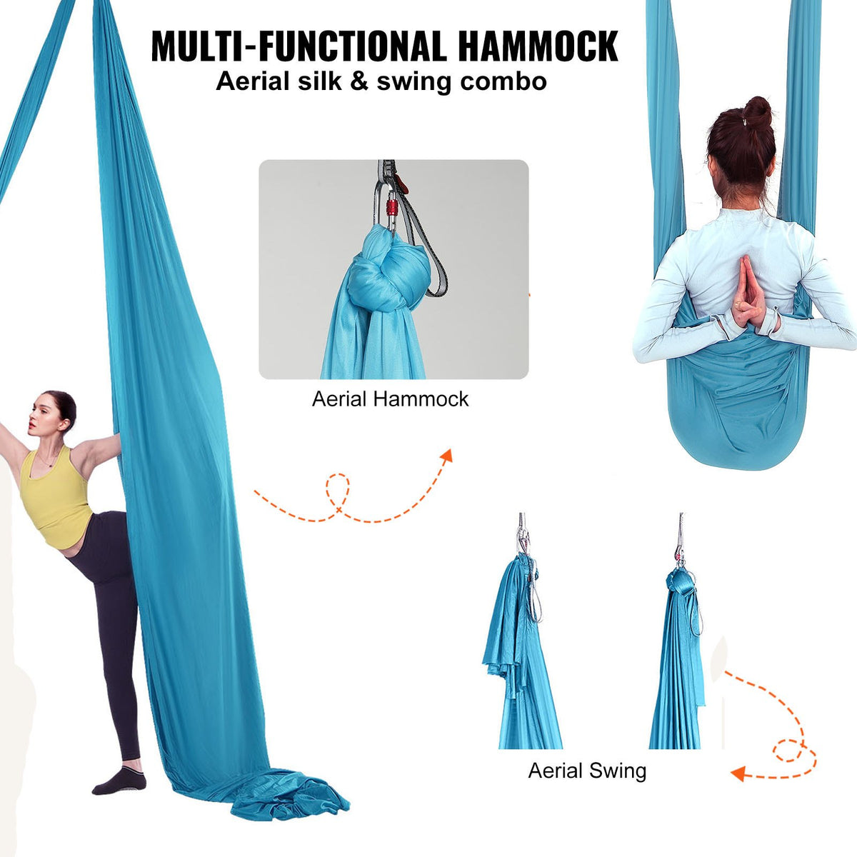 VEVOR Aerial Yoga Hammock & Swing, 5.5 Yards, Aerial Yoga Starter Kit with 100gsm Nylon Fabric, Full Rigging Hardware & Easy Set-up Guide, Antigravity Flying for All Levels Fitness Bodybuilding, Blue - DCK5X28MQZSC268B2V0 - view 6