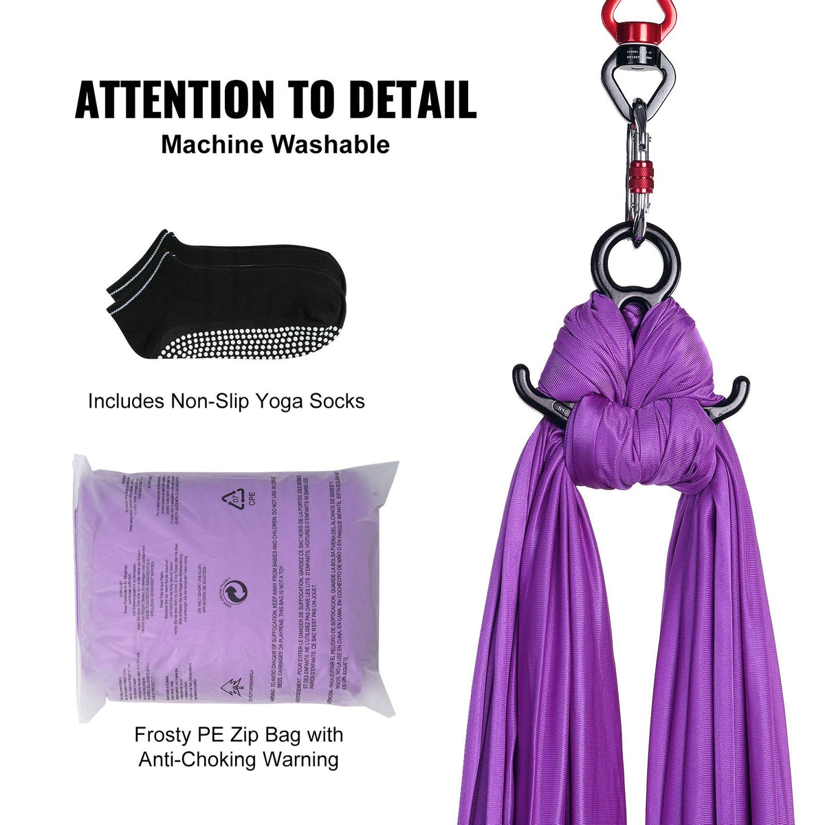 VEVOR Aerial Silk & Yoga Swing, 8.7 Yards, Aerial Yoga Hammock Kit with 100gsm Nylon Fabric, Full Rigging Hardware & Easy Set-up Guide, Antigravity Flying for All Levels Fitness Bodybuilding, Purple - DCK822X28MSZR9A6KV0 - view 7
