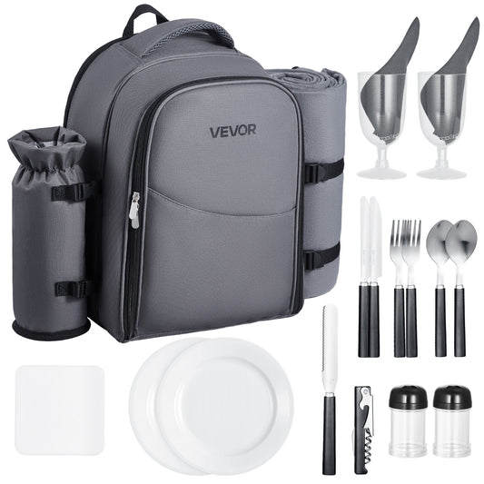 VEVOR Picnic Backpack, Beach Picnic Backpack Bag for 2 Person with Insulated Cooler Compartment, Detachable Bottle/Wine Holder, Lightweight Blanket, Plates and Cutlery Set for Hiking, Camping, Grey - DCKYCBBSRHS03LIME001V0 - view 1