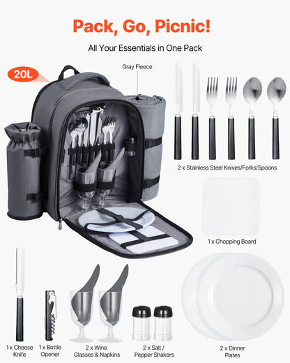 VEVOR Picnic Backpack, Beach Picnic Backpack Bag for 2 Person with Insulated Cooler Compartment, Detachable Bottle/Wine Holder, Lightweight Blanket, Plates and Cutlery Set for Hiking, Camping, Grey - DCKYCBBSRHS03LIME001V0 - view 3