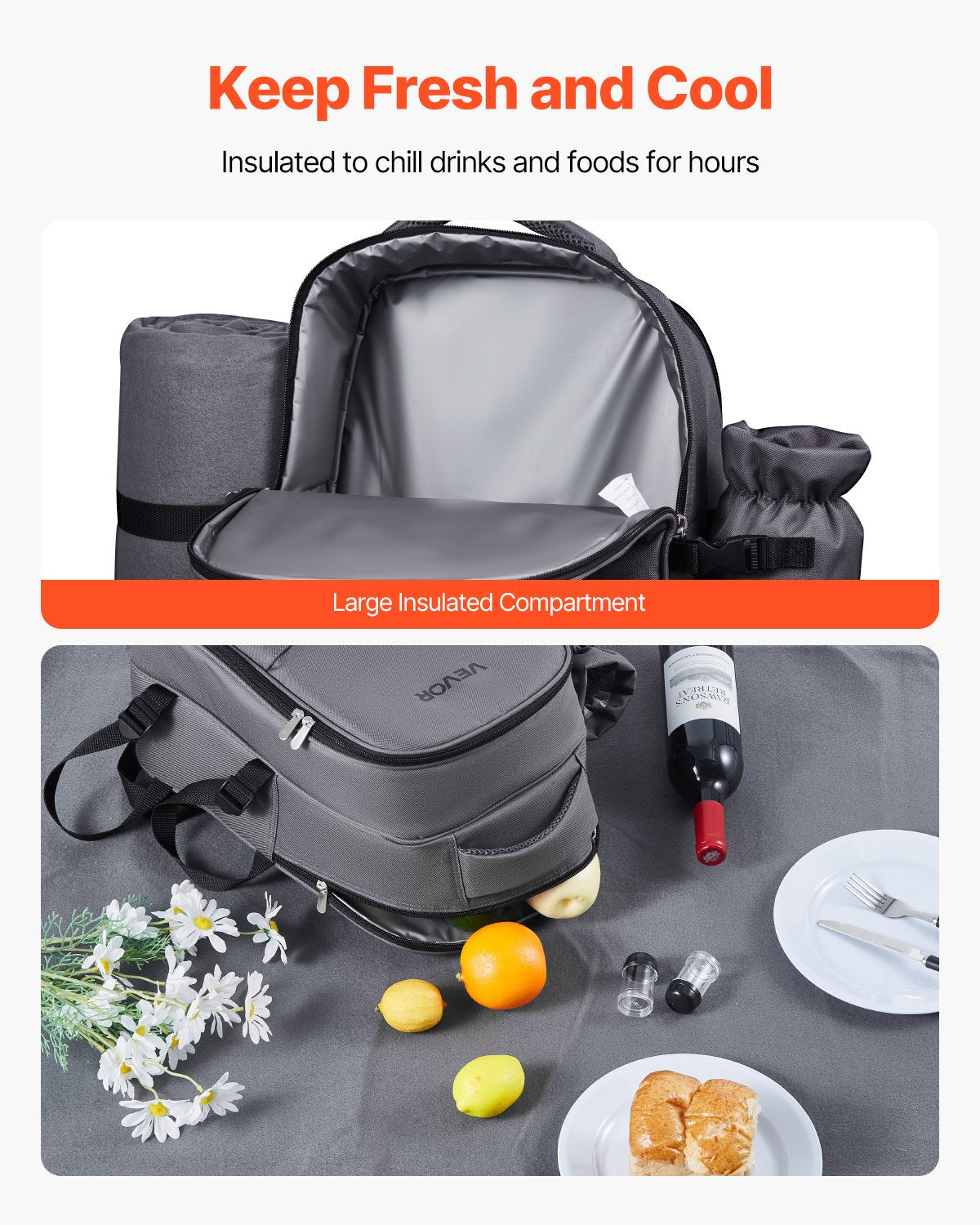 VEVOR Picnic Backpack, Beach Picnic Backpack Bag for 2 Person with Insulated Cooler Compartment, Detachable Bottle/Wine Holder, Lightweight Blanket, Plates and Cutlery Set for Hiking, Camping, Grey - DCKYCBBSRHS03LIME001V0 - view 4