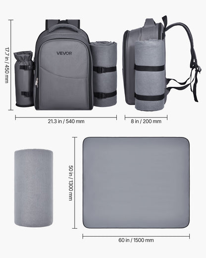 VEVOR Picnic Backpack, Beach Picnic Backpack Bag for 2 Person with Insulated Cooler Compartment, Detachable Bottle/Wine Holder, Lightweight Blanket, Plates and Cutlery Set for Hiking, Camping, Grey - DCKYCBBSRHS03LIME001V0 - view 8