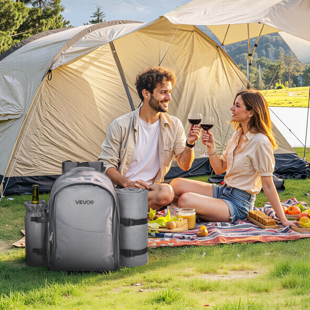 VEVOR Picnic Backpack, Beach Picnic Backpack Bag for 2 Person with Insulated Cooler Compartment, Detachable Bottle/Wine Holder, Lightweight Blanket, Plates and Cutlery Set for Hiking, Camping, Grey - DCKYCBBSRHS03LIME001V0 - view 9