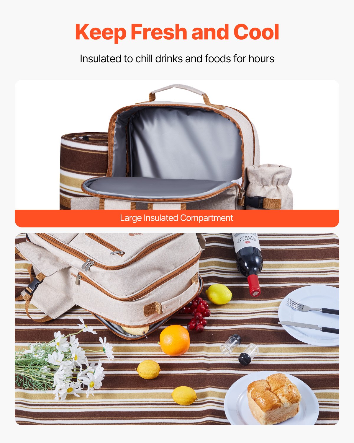 VEVOR Picnic Backpack, Beach Picnic Backpack Bag for 4 Person with Insulated Cooler Compartment, Detachable Bottle/Wine Holder, Lightweight Blanket, Plates & Cutlery Set for Outdoor, Hiking, Camping - DCKYCBBSRHS0CKXTM001V0 - view 4