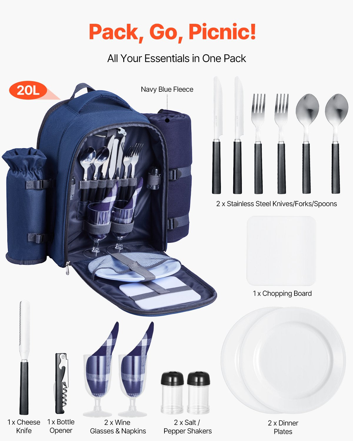 VEVOR Picnic Backpack, Beach Picnic Backpack Bag for 2 Person with Insulated Cooler Compartment, Detachable Bottle/Wine Holder, Lightweight Blanket, Plates & Cutlery Set for Hiking, Camping, Navy Blue - DCKYCBBSRLS009OE4001V0 - view 3
