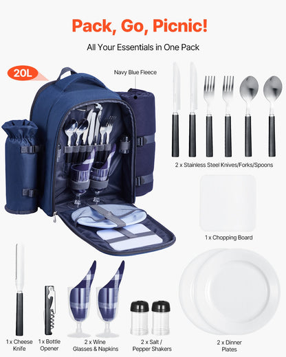 VEVOR Picnic Backpack, Beach Picnic Backpack Bag for 2 Person with Insulated Cooler Compartment, Detachable Bottle/Wine Holder, Lightweight Blanket, Plates & Cutlery Set for Hiking, Camping, Navy Blue - DCKYCBBSRLS009OE4001V0 - view 3