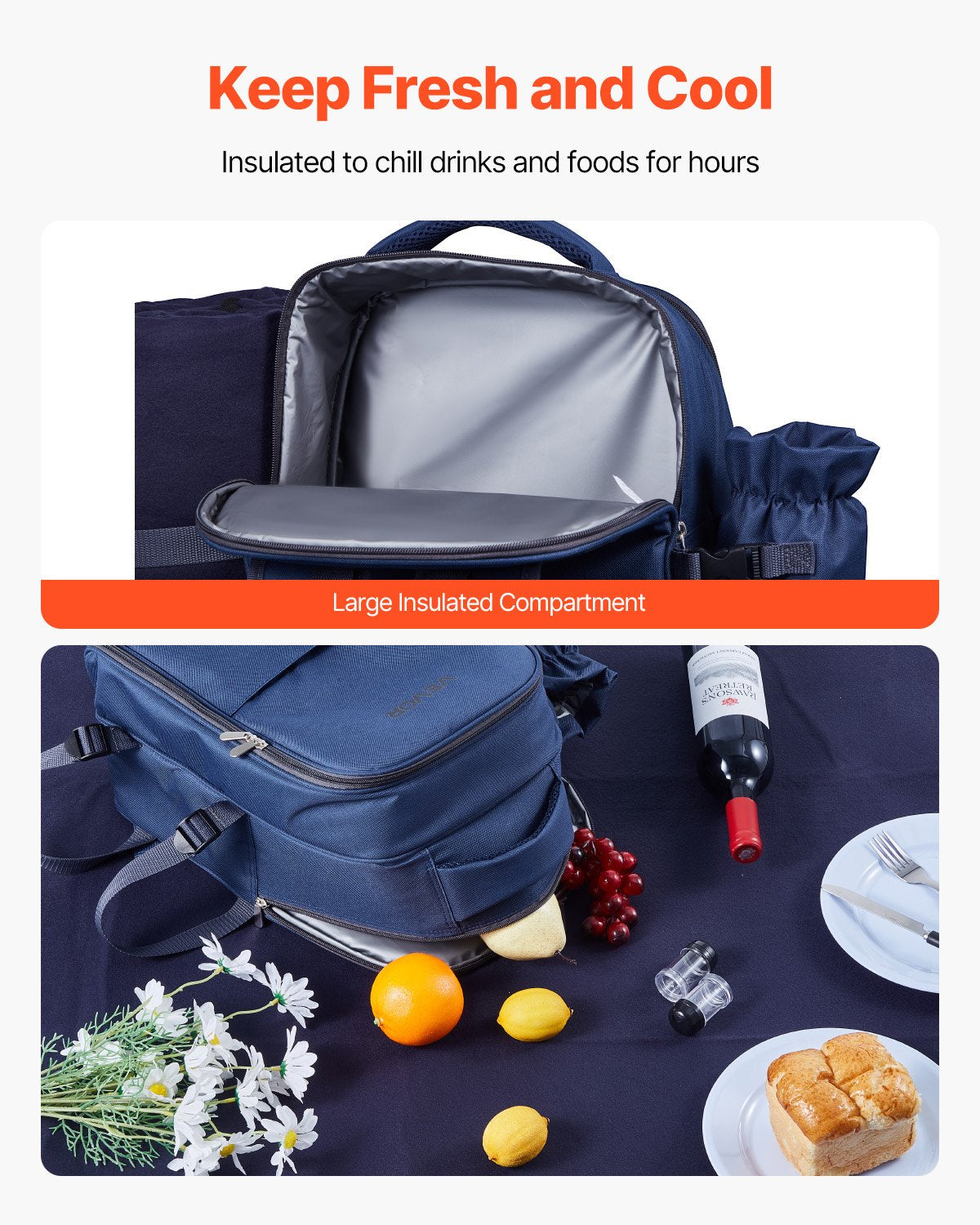 VEVOR Picnic Backpack, Beach Picnic Backpack Bag for 2 Person with Insulated Cooler Compartment, Detachable Bottle/Wine Holder, Lightweight Blanket, Plates & Cutlery Set for Hiking, Camping, Navy Blue - DCKYCBBSRLS009OE4001V0 - view 4