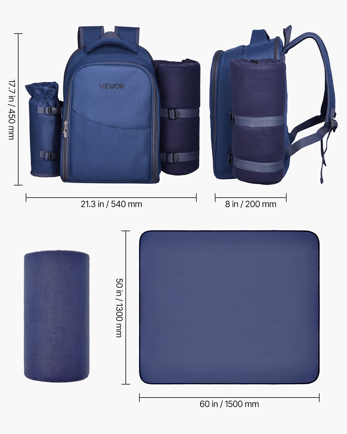 VEVOR Picnic Backpack, Beach Picnic Backpack Bag for 2 Person with Insulated Cooler Compartment, Detachable Bottle/Wine Holder, Lightweight Blanket, Plates & Cutlery Set for Hiking, Camping, Navy Blue - DCKYCBBSRLS009OE4001V0 - view 8