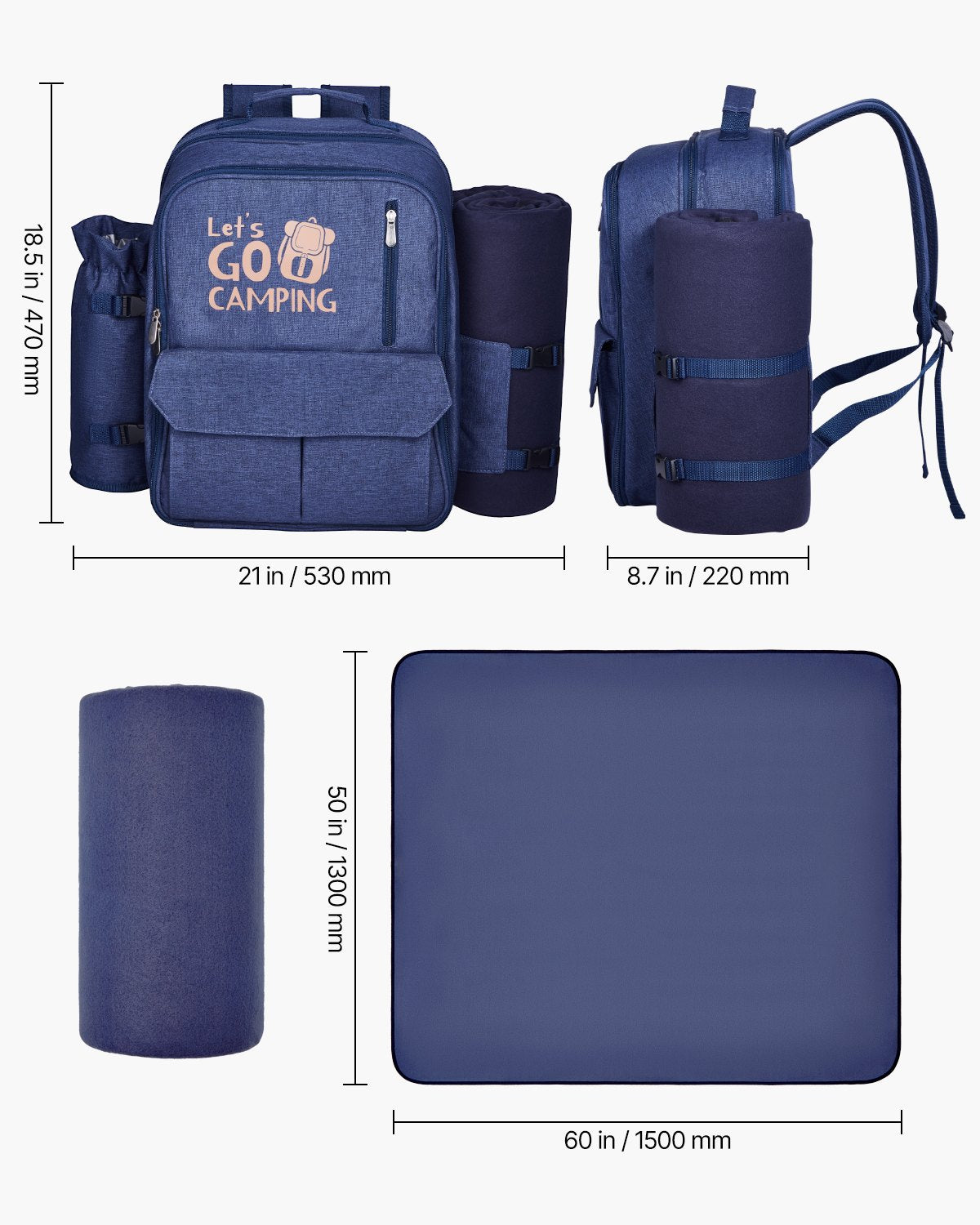 VEVOR Picnic Backpack, Beach Picnic Backpack Bag for 4 Person with Insulated Cooler Compartment, Detachable Bottle/Wine Holder, Lightweight Blanket, Plates and Cutlery Set for Outdoor, Navy Blue - DCKYCBBSRLS00QPD6001V0 - view 8