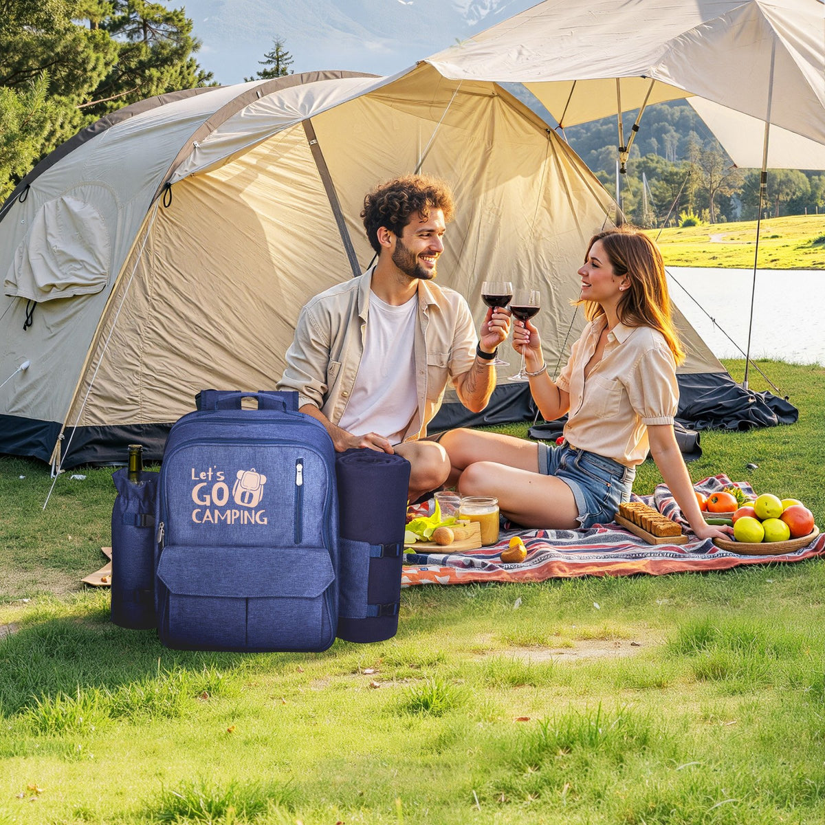 VEVOR Picnic Backpack, Beach Picnic Backpack Bag for 4 Person with Insulated Cooler Compartment, Detachable Bottle/Wine Holder, Lightweight Blanket, Plates and Cutlery Set for Outdoor, Navy Blue - DCKYCBBSRLS00QPD6001V0 - view 9