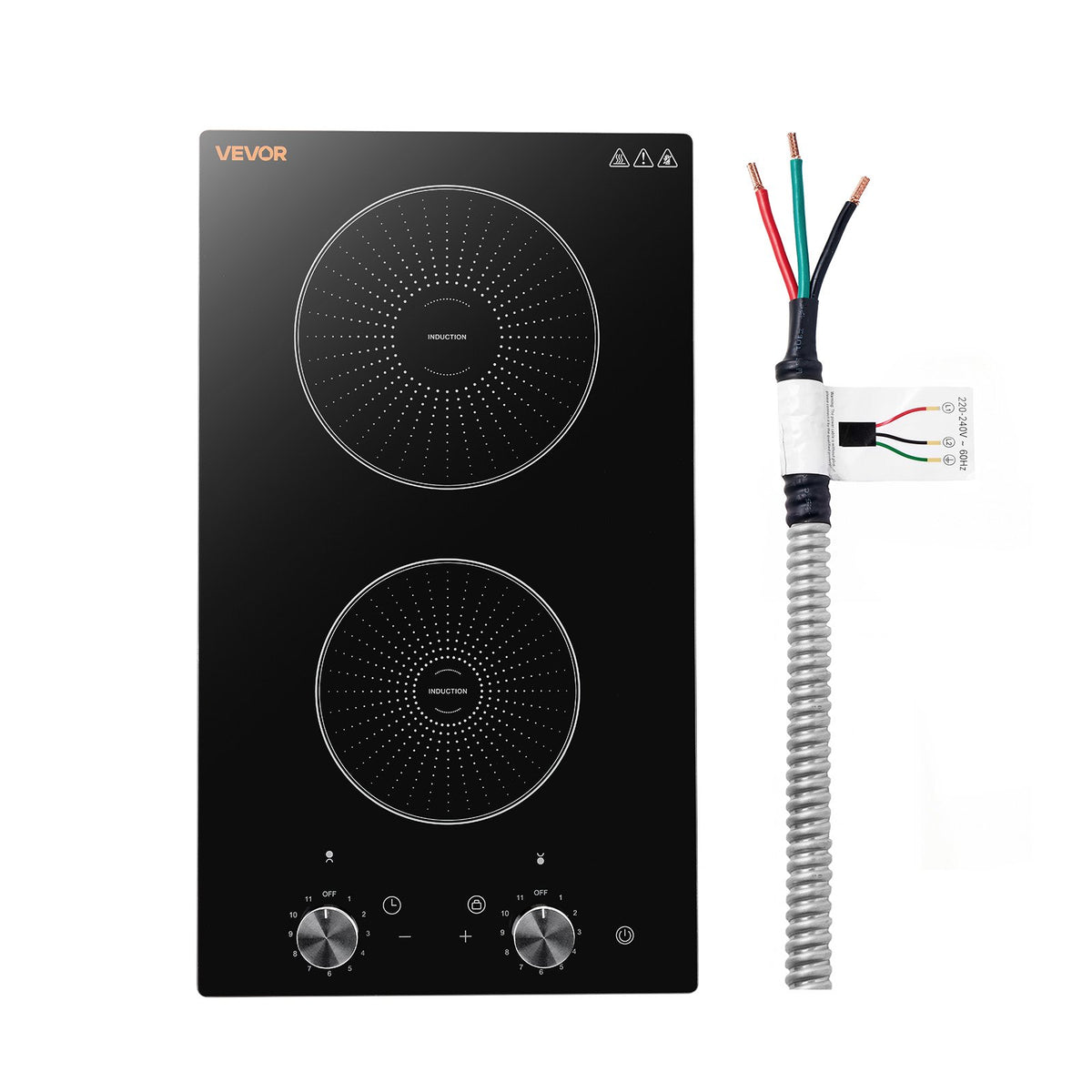 VEVOR Induction Cooktop 12in 2 Burners Built-in Electric Stove 220V 3500W, Low-Power Continuous Heating, Induction Burner for Kitchen, 11 Power Levels, Knob Control, Ceramic Glass, and Child Lock - DCL2BURNERS11XTSL001V4 - view 1