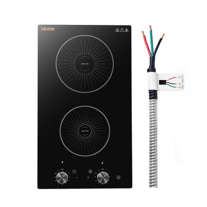 VEVOR Induction Cooktop 12in 2 Burners Built-in Electric Stove 220V 3500W, Low-Power Continuous Heating, Induction Burner for Kitchen, 11 Power Levels, Knob Control, Ceramic Glass, and Child Lock - DCL2BURNERS11XTSL001V4 - view 1