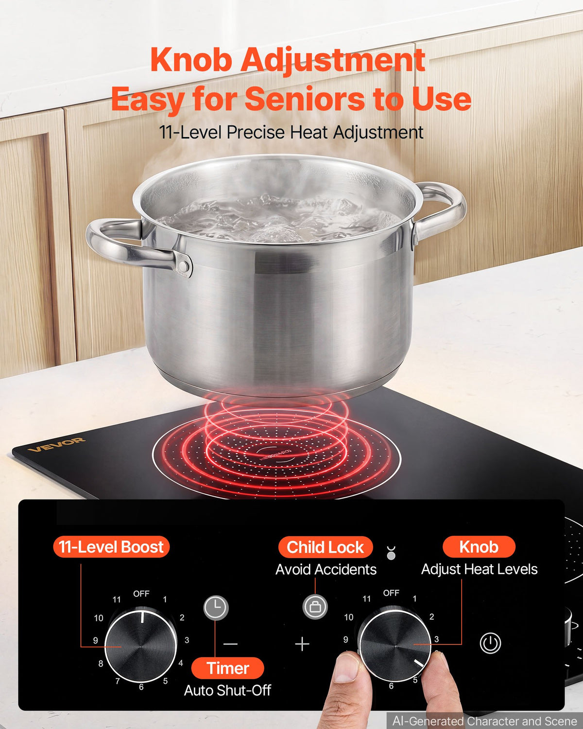 VEVOR Induction Cooktop 12in 2 Burners Built-in Electric Stove 220V 3500W, Low-Power Continuous Heating, Induction Burner for Kitchen, 11 Power Levels, Knob Control, Ceramic Glass, and Child Lock - DCL2BURNERS11XTSL001V4 - view 4