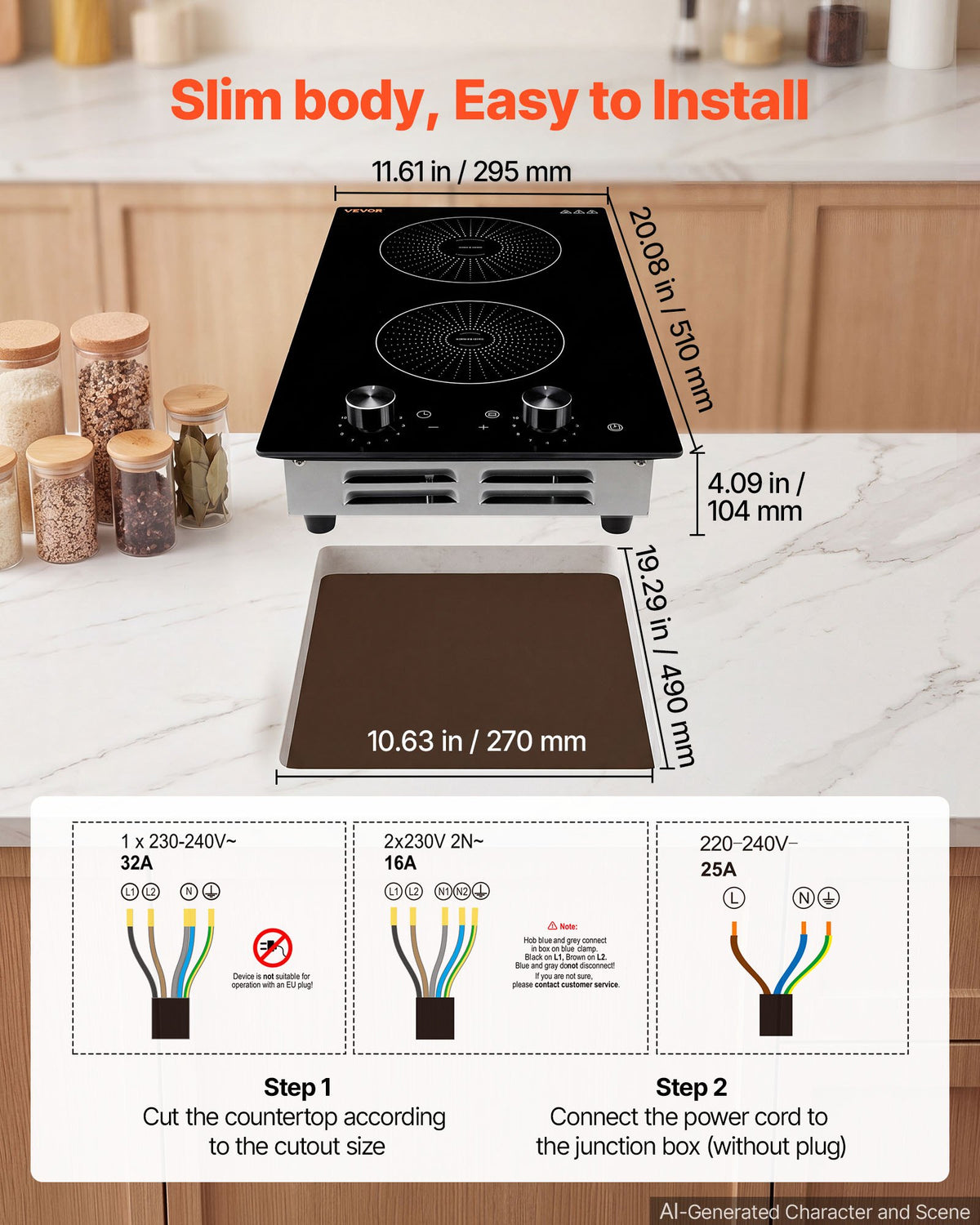 VEVOR Induction Cooktop 12in 2 Burners Built-in Electric Stove 220V 3500W, Low-Power Continuous Heating, Induction Burner for Kitchen, 11 Power Levels, Knob Control, Ceramic Glass, and Child Lock - DCL2BURNERS11XTSL001V4 - view 6