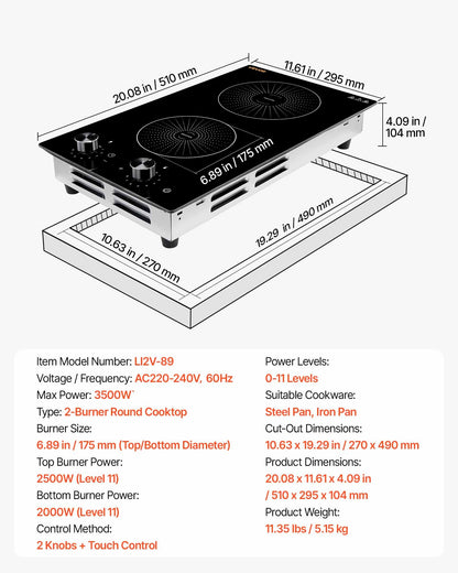VEVOR Induction Cooktop 12in 2 Burners Built-in Electric Stove 220V 3500W, Low-Power Continuous Heating, Induction Burner for Kitchen, 11 Power Levels, Knob Control, Ceramic Glass, and Child Lock - DCL2BURNERS11XTSL001V4 - view 8