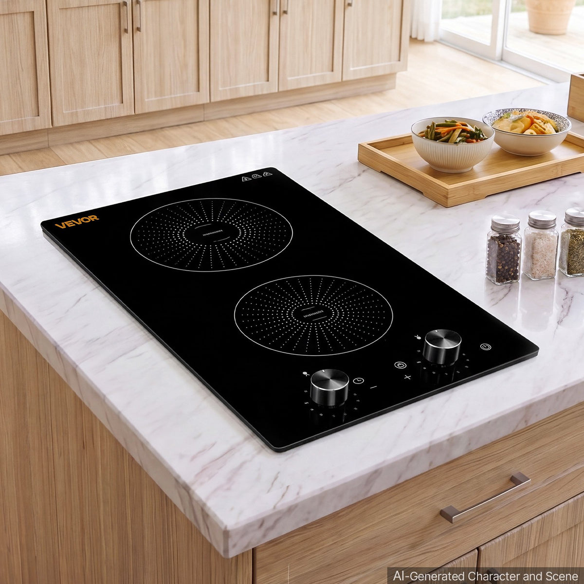 VEVOR Induction Cooktop 12in 2 Burners Built-in Electric Stove 220V 3500W, Low-Power Continuous Heating, Induction Burner for Kitchen, 11 Power Levels, Knob Control, Ceramic Glass, and Child Lock - DCL2BURNERS11XTSL001V4 - view 9