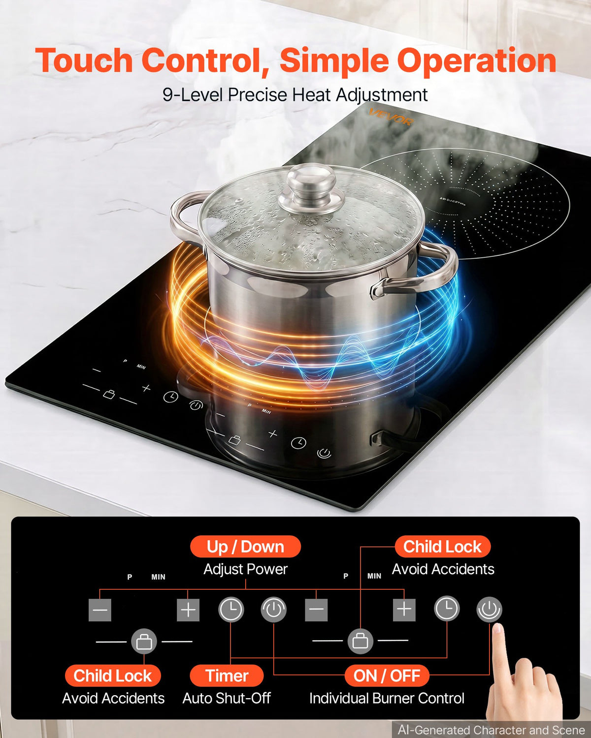 VEVOR Induction Cooktop 12in 2 Burners Built-in Electric Stove 110V 1800W, Low-Power Continuous Heating, Countertop Induction Burner, 9 Power Levels, LED Touch Screen, Ceramic Glass, and Child Lock - DCL2BURNERS16FXHP001V1 - view 4