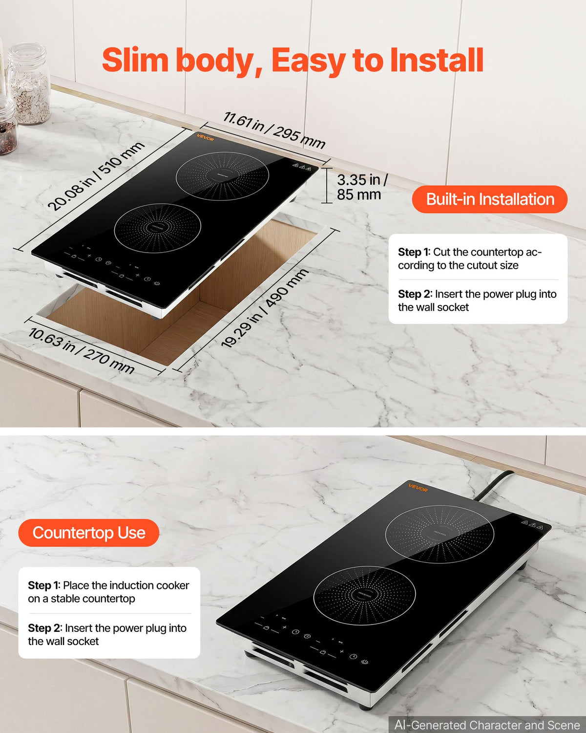 VEVOR Induction Cooktop 12in 2 Burners Built-in Electric Stove 110V 1800W, Low-Power Continuous Heating, Countertop Induction Burner, 9 Power Levels, LED Touch Screen, Ceramic Glass, and Child Lock - DCL2BURNERS16FXHP001V1 - view 6