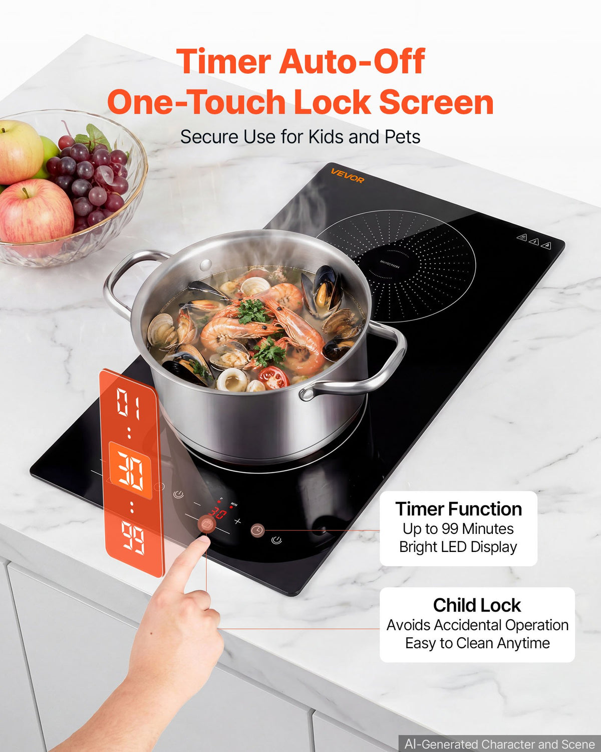 VEVOR Induction Cooktop 12in 2 Burners Built-in Electric Stove 110V 1800W, Low-Power Continuous Heating, Countertop Induction Burner, 9 Power Levels, LED Touch Screen, Ceramic Glass, and Child Lock - DCL2BURNERS16FXHP001V1 - view 7
