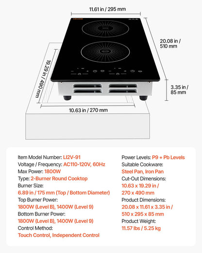 VEVOR Induction Cooktop 12in 2 Burners Built-in Electric Stove 110V 1800W, Low-Power Continuous Heating, Countertop Induction Burner, 9 Power Levels, LED Touch Screen, Ceramic Glass, and Child Lock - DCL2BURNERS16FXHP001V1 - view 8
