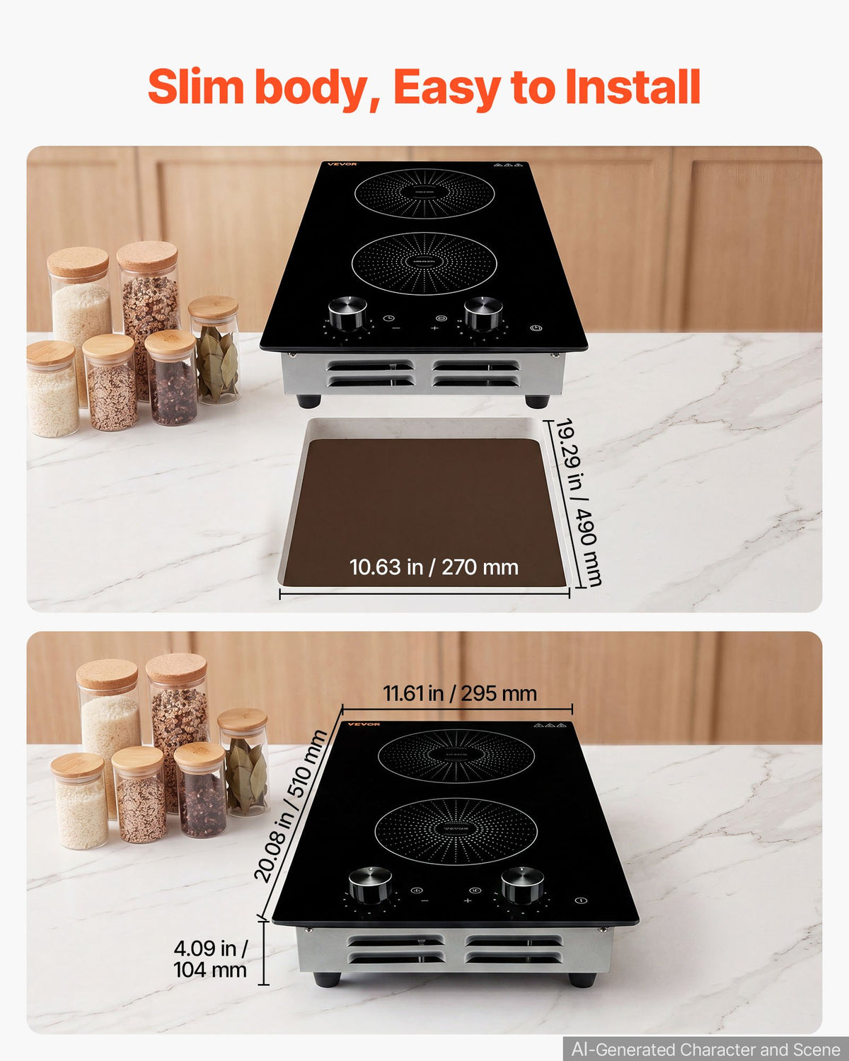 VEVOR Induction Cooktop 12in 2 Burners Built-in Electric Stove 110V 1800W, Low-Power Continuous Heating, Countertop Induction Burner, 11 Power Levels, Knob Control, Ceramic Glass, and Child Lock - DCL2BURNERS1KRK6E001V1 - view 6