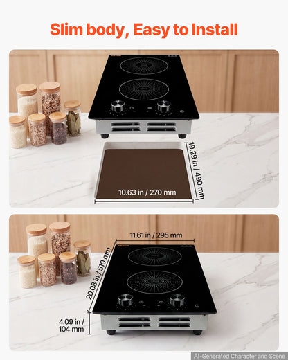 VEVOR Induction Cooktop 12in 2 Burners Built-in Electric Stove 110V 1800W, Low-Power Continuous Heating, Countertop Induction Burner, 11 Power Levels, Knob Control, Ceramic Glass, and Child Lock - DCL2BURNERS1KRK6E001V1 - view 6