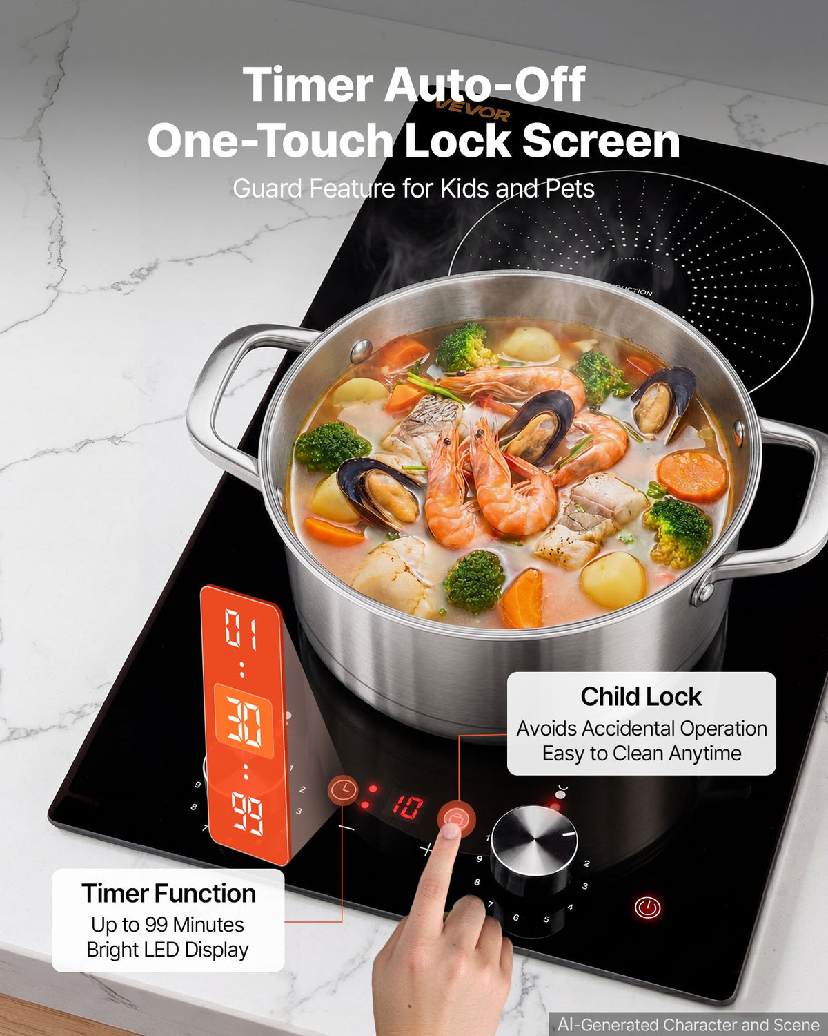VEVOR Induction Cooktop 12in 2 Burners Built-in Electric Stove 110V 1800W, Low-Power Continuous Heating, Countertop Induction Burner, 11 Power Levels, Knob Control, Ceramic Glass, and Child Lock - DCL2BURNERS1KRK6E001V1 - view 7