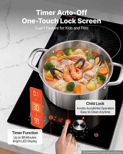 VEVOR Induction Cooktop 12in 2 Burners Built-in Electric Stove 110V 1800W, Low-Power Continuous Heating, Countertop Induction Burner, 11 Power Levels, Knob Control, Ceramic Glass, and Child Lock - DCL2BURNERS1KRK6E001V1 - view 7