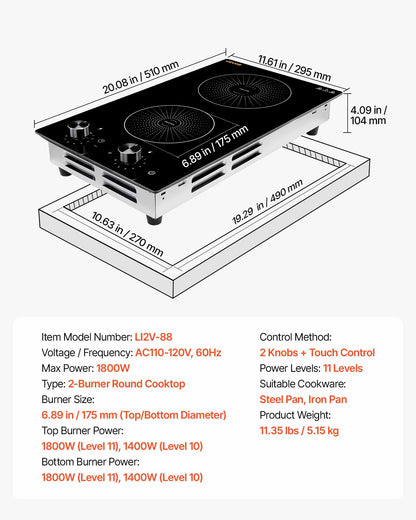 VEVOR Induction Cooktop 12in 2 Burners Built-in Electric Stove 110V 1800W, Low-Power Continuous Heating, Countertop Induction Burner, 11 Power Levels, Knob Control, Ceramic Glass, and Child Lock - DCL2BURNERS1KRK6E001V1 - view 8
