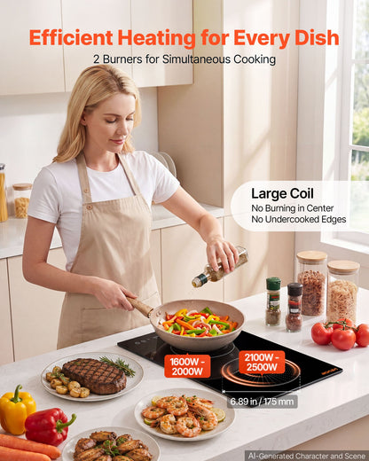 VEVOR Induction Cooktop 12in 2 Burners Built-in Electric Stove 220V 3500W, Low-Power Continuous Heating, Induction Burner for Kitchen, 9 Power Levels, LED Touch Screen, Ceramic Glass, and Child Lock - DCL2BURNERS1OBGDT001V4 - view 3