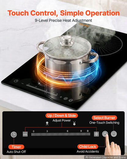 VEVOR Induction Cooktop 12in 2 Burners Built-in Electric Stove 220V 3500W, Low-Power Continuous Heating, Induction Burner for Kitchen, 9 Power Levels, LED Touch Screen, Ceramic Glass, and Child Lock - DCL2BURNERS1OBGDT001V4 - view 4