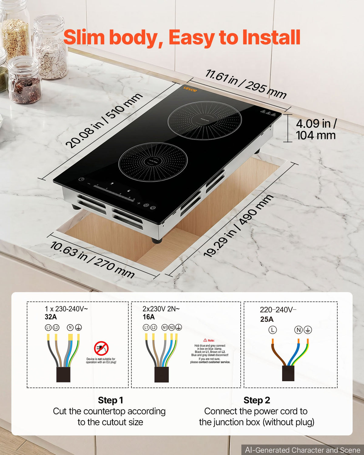 VEVOR Induction Cooktop 12in 2 Burners Built-in Electric Stove 220V 3500W, Low-Power Continuous Heating, Induction Burner for Kitchen, 9 Power Levels, LED Touch Screen, Ceramic Glass, and Child Lock - DCL2BURNERS1OBGDT001V4 - view 6