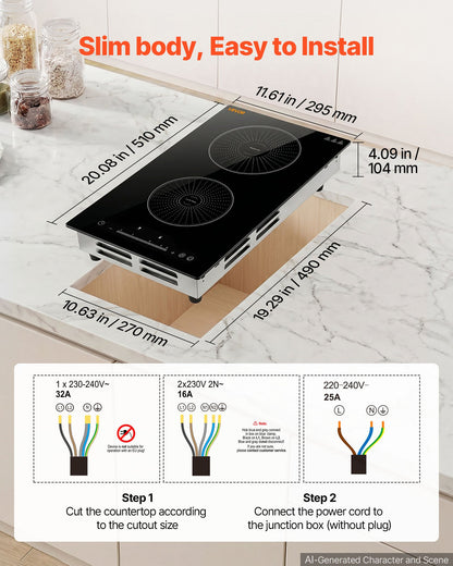 VEVOR Induction Cooktop 12in 2 Burners Built-in Electric Stove 220V 3500W, Low-Power Continuous Heating, Induction Burner for Kitchen, 9 Power Levels, LED Touch Screen, Ceramic Glass, and Child Lock - DCL2BURNERS1OBGDT001V4 - view 6