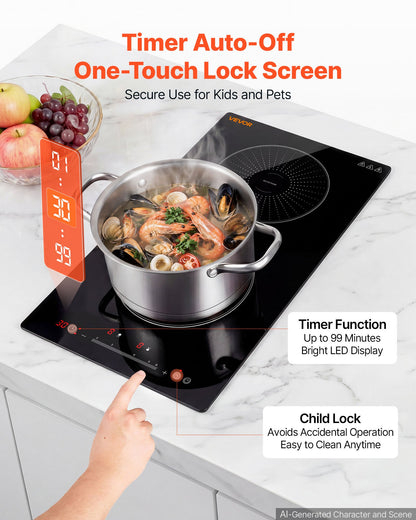 VEVOR Induction Cooktop 12in 2 Burners Built-in Electric Stove 220V 3500W, Low-Power Continuous Heating, Induction Burner for Kitchen, 9 Power Levels, LED Touch Screen, Ceramic Glass, and Child Lock - DCL2BURNERS1OBGDT001V4 - view 7