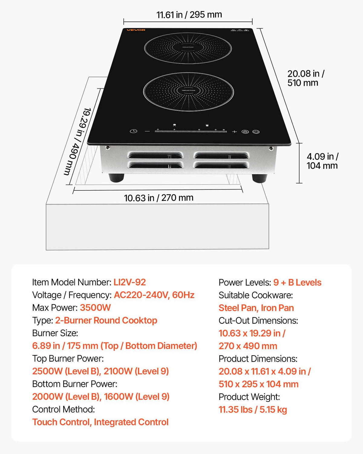 VEVOR Induction Cooktop 12in 2 Burners Built-in Electric Stove 220V 3500W, Low-Power Continuous Heating, Induction Burner for Kitchen, 9 Power Levels, LED Touch Screen, Ceramic Glass, and Child Lock - DCL2BURNERS1OBGDT001V4 - view 8