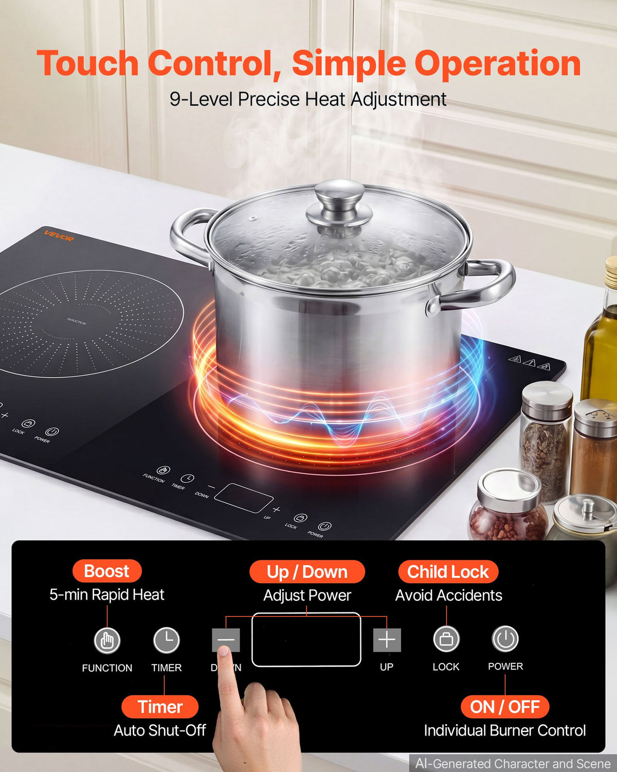 VEVOR Induction Cooktop 24in 2 Burners Built-in Electric Stove 110V 1800W, Low-Power Continuous Heating, Countertop Induction Burner, 9 Power Levels, LED Touch Screen, Ceramic Glass, and Child Lock - DCL2BURNERS2E8GXF001V1 - view 4