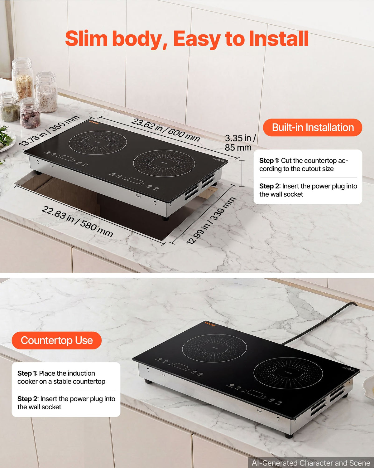 VEVOR Induction Cooktop 24in 2 Burners Built-in Electric Stove 110V 1800W, Low-Power Continuous Heating, Countertop Induction Burner, 9 Power Levels, LED Touch Screen, Ceramic Glass, and Child Lock - DCL2BURNERS2E8GXF001V1 - view 6
