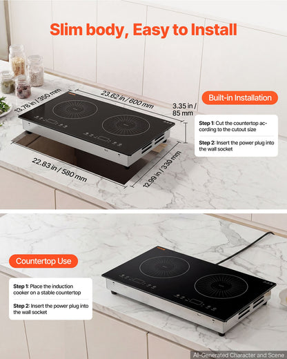 VEVOR Induction Cooktop 24in 2 Burners Built-in Electric Stove 110V 1800W, Low-Power Continuous Heating, Countertop Induction Burner, 9 Power Levels, LED Touch Screen, Ceramic Glass, and Child Lock - DCL2BURNERS2E8GXF001V1 - view 6