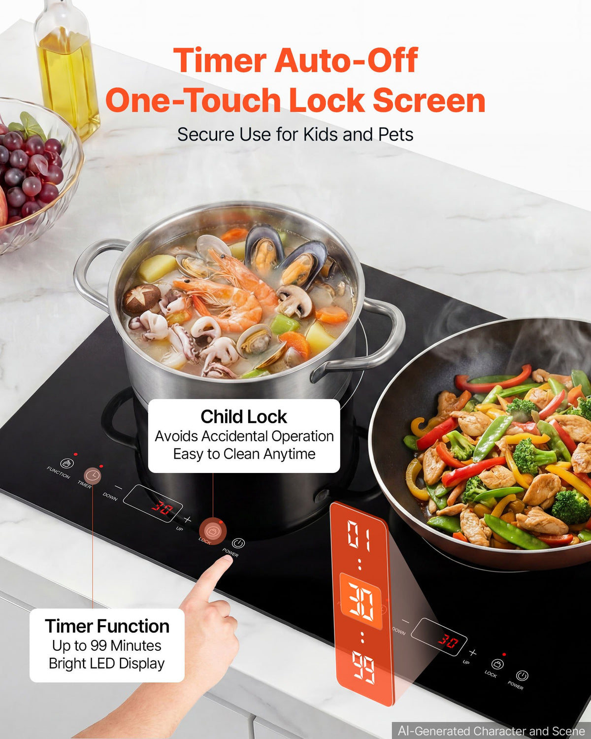 VEVOR Induction Cooktop 24in 2 Burners Built-in Electric Stove 110V 1800W, Low-Power Continuous Heating, Countertop Induction Burner, 9 Power Levels, LED Touch Screen, Ceramic Glass, and Child Lock - DCL2BURNERS2E8GXF001V1 - view 7