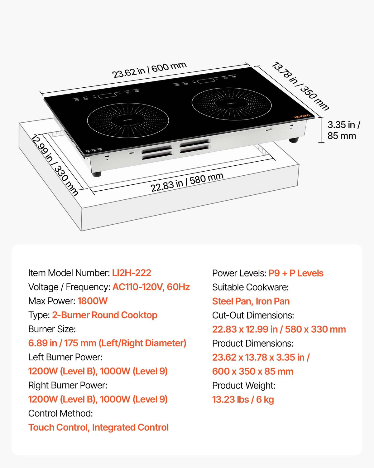 VEVOR Induction Cooktop 24in 2 Burners Built-in Electric Stove 110V 1800W, Low-Power Continuous Heating, Countertop Induction Burner, 9 Power Levels, LED Touch Screen, Ceramic Glass, and Child Lock - DCL2BURNERS2E8GXF001V1 - view 8