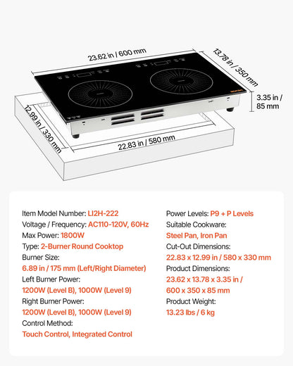 VEVOR Induction Cooktop 24in 2 Burners Built-in Electric Stove 110V 1800W, Low-Power Continuous Heating, Countertop Induction Burner, 9 Power Levels, LED Touch Screen, Ceramic Glass, and Child Lock - DCL2BURNERS2E8GXF001V1 - view 8